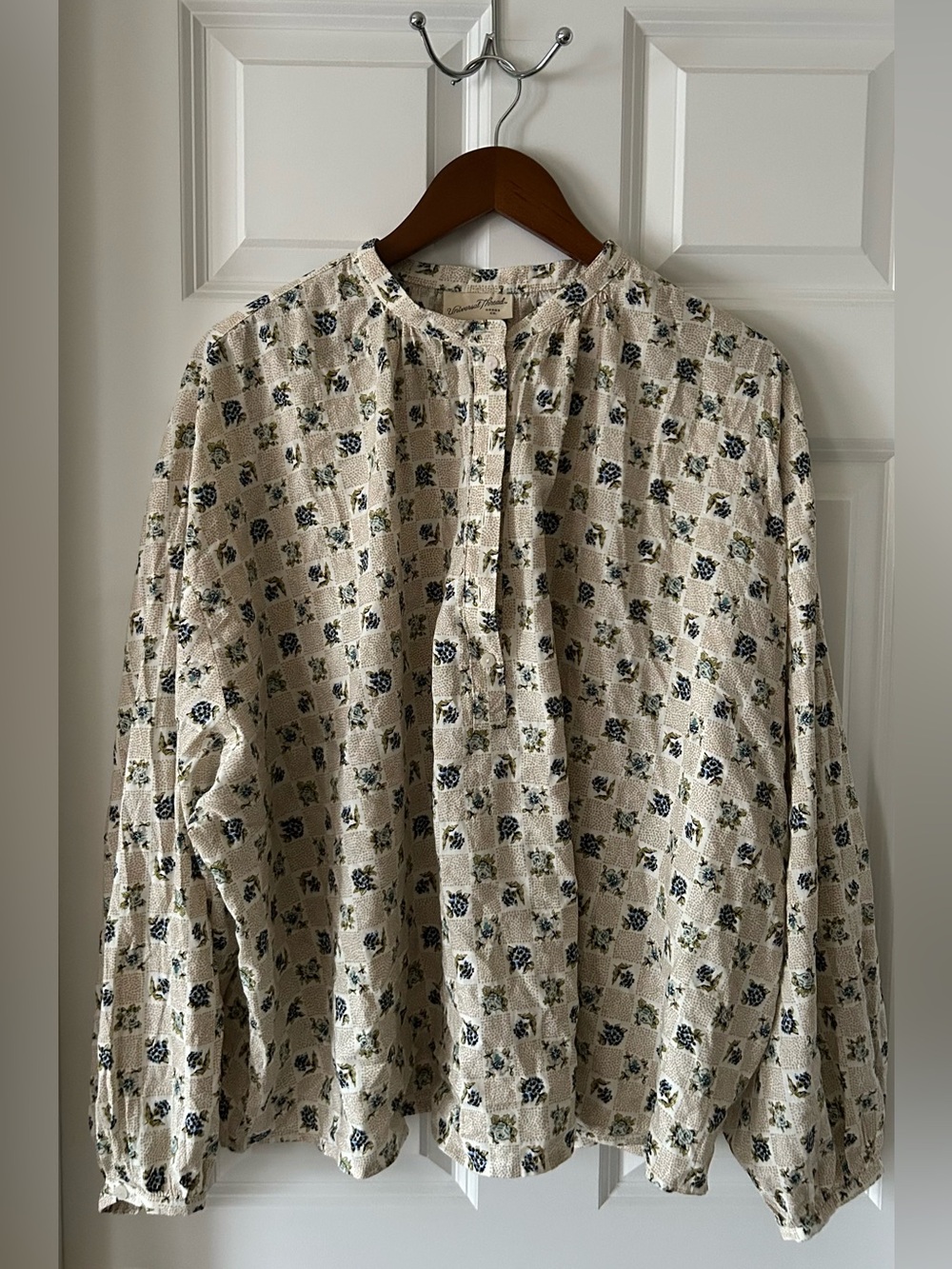 Universal Thread Cream Floral Button-Down Shirt with Navy and Olive Accents